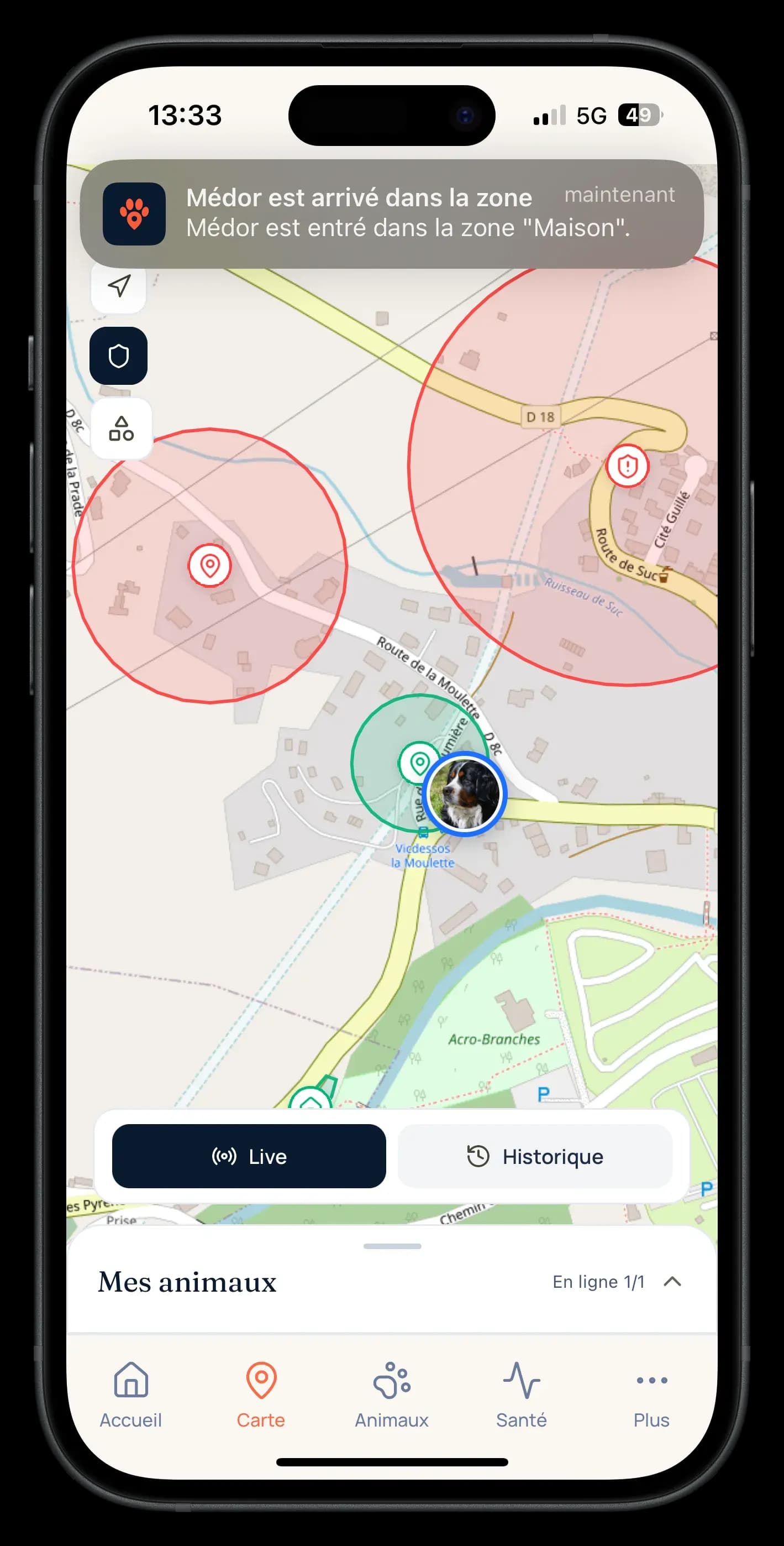 Notificación de alerta de salida de zona en la app Snifzi