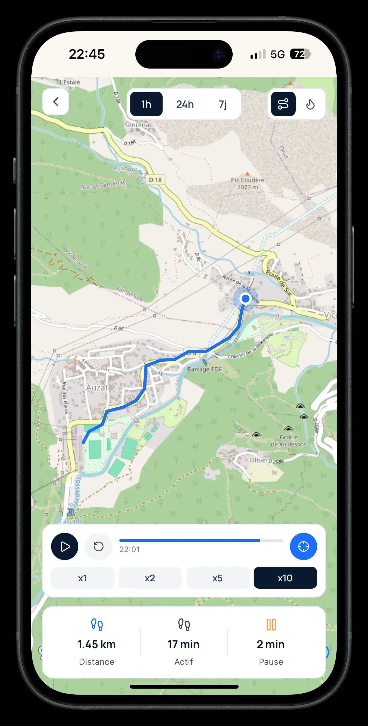 Trajet d'un animal retracé sur la carte de l'app Snifzi