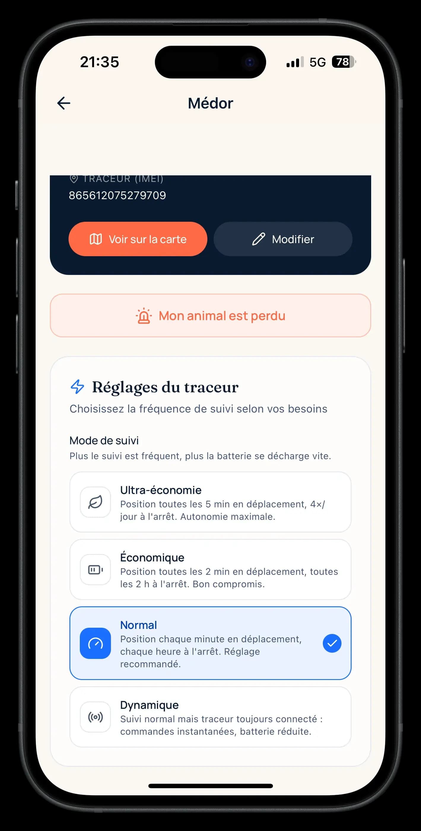 Sélection des modes d'autonomie dans l'app Snifzi