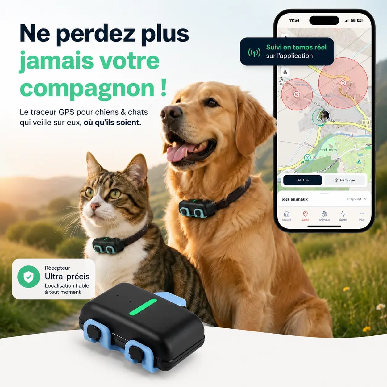 Localizzatore Snifzi P01 in primo piano con gatto e cane