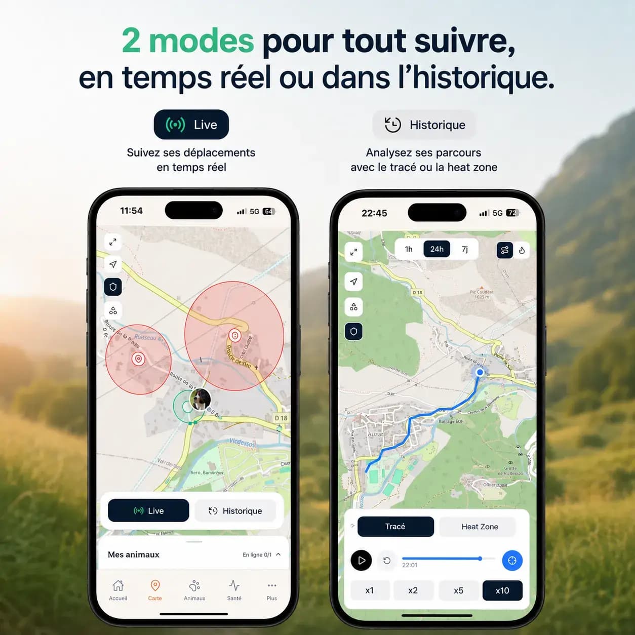 Screenshot dell app mobile con mappa LIVE o CRONOLOGIA