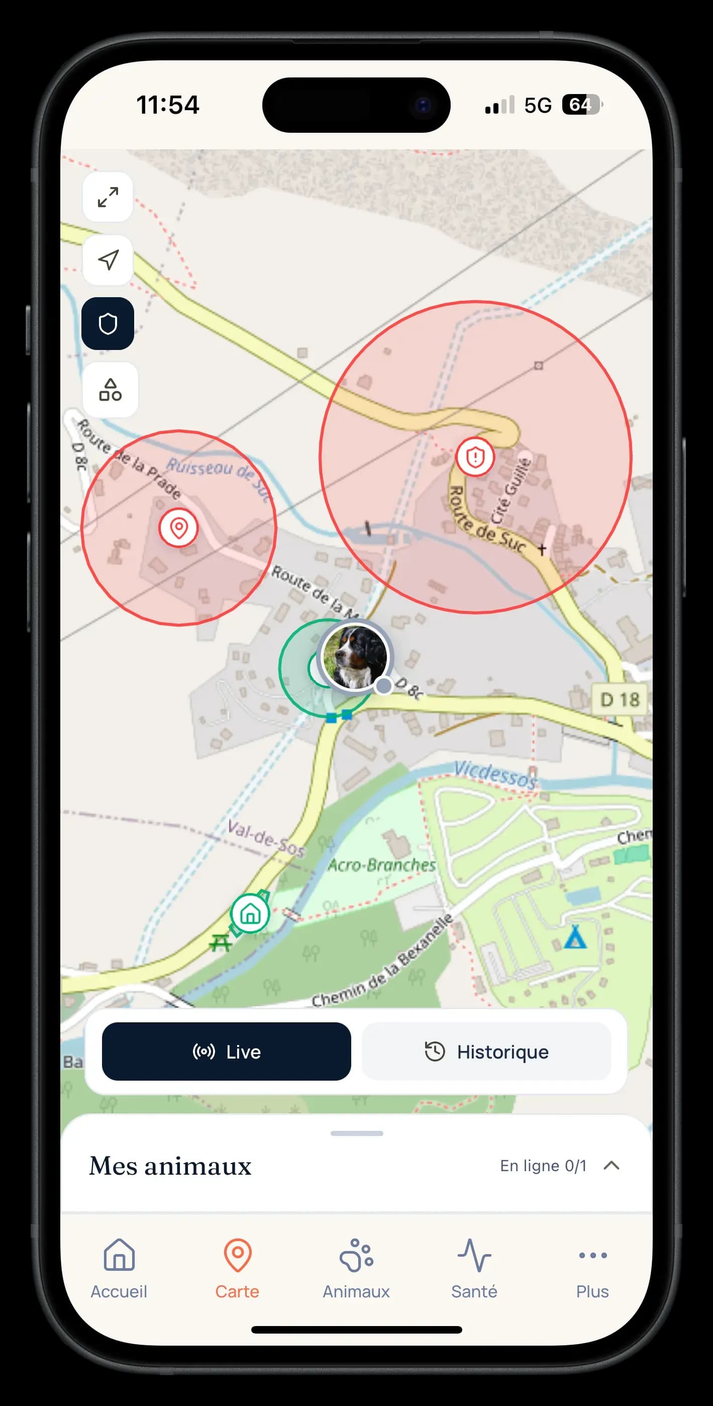 Karte der Snifzi-App, die einen Hund in Echtzeit verfolgt